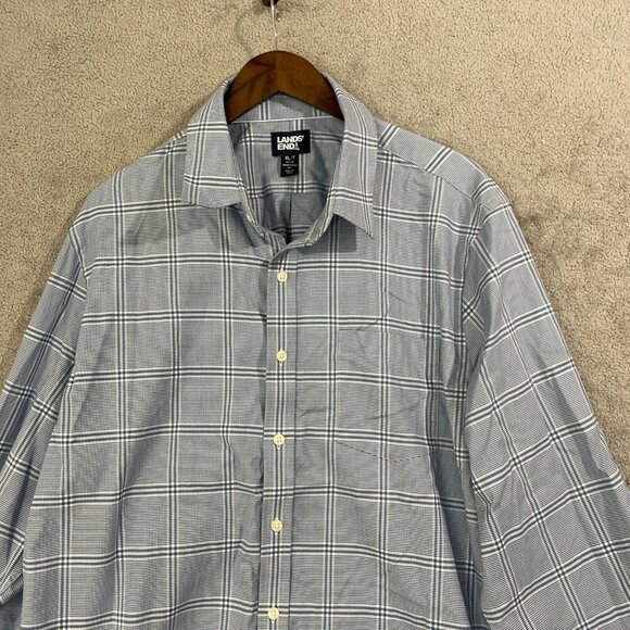 NWOT Lands' End Men's XL Blue & White Plaid Button-Down Shirt Traditional Fit - Picture 6 of 7